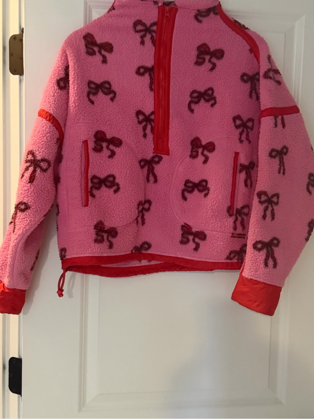 Simply Southern Pink Fleece Half-Zip Pullover with Red Trim and Bow Print